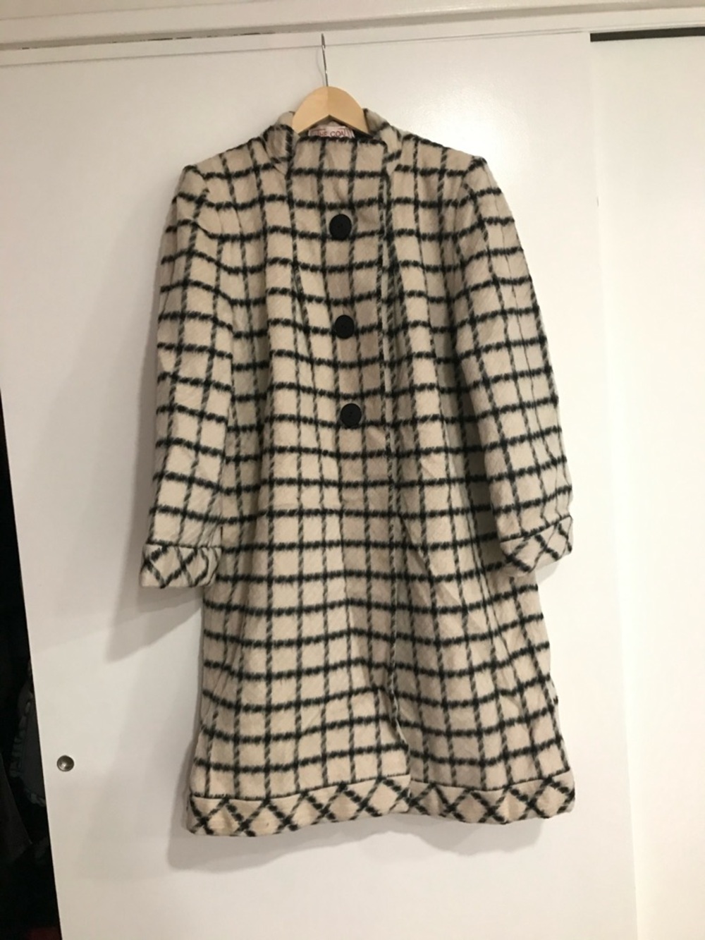Vintage The Coat by Trigere Window Pane Black & Cream Women’s Med